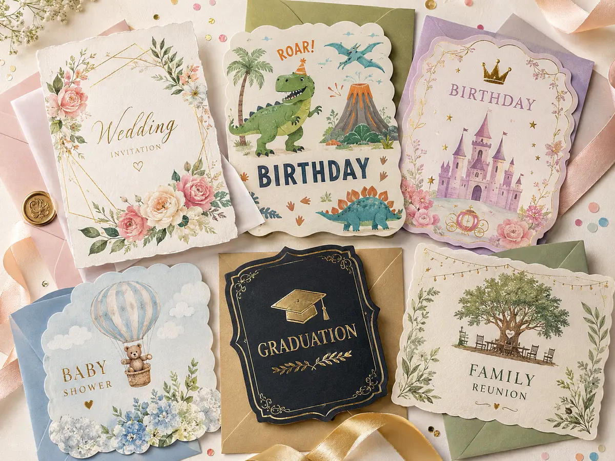 Collage of wedding, birthday, baby shower, graduation, and family reunion invitation designs
