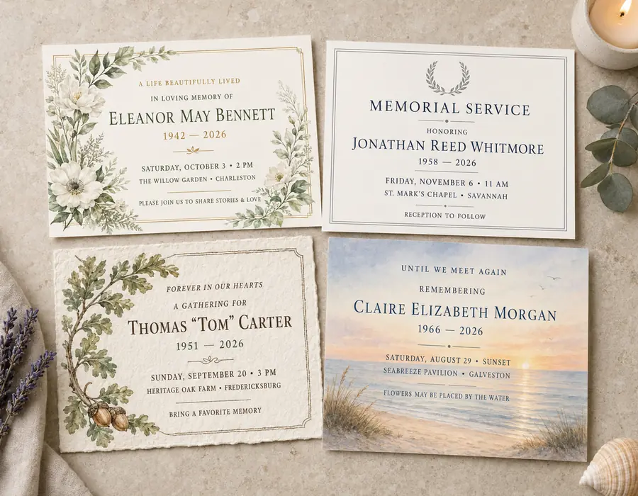 Memorial gathering invitation preview with quiet meadow styling