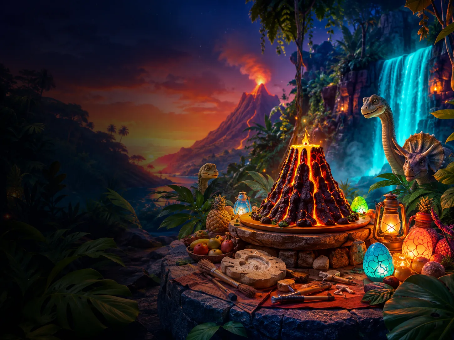 A colorful prehistoric birthday basecamp with a volcano cake and friendly dinosaurs