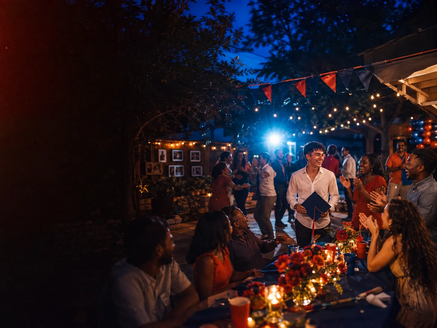 Jordan celebrating graduation with friends and family under backyard lights