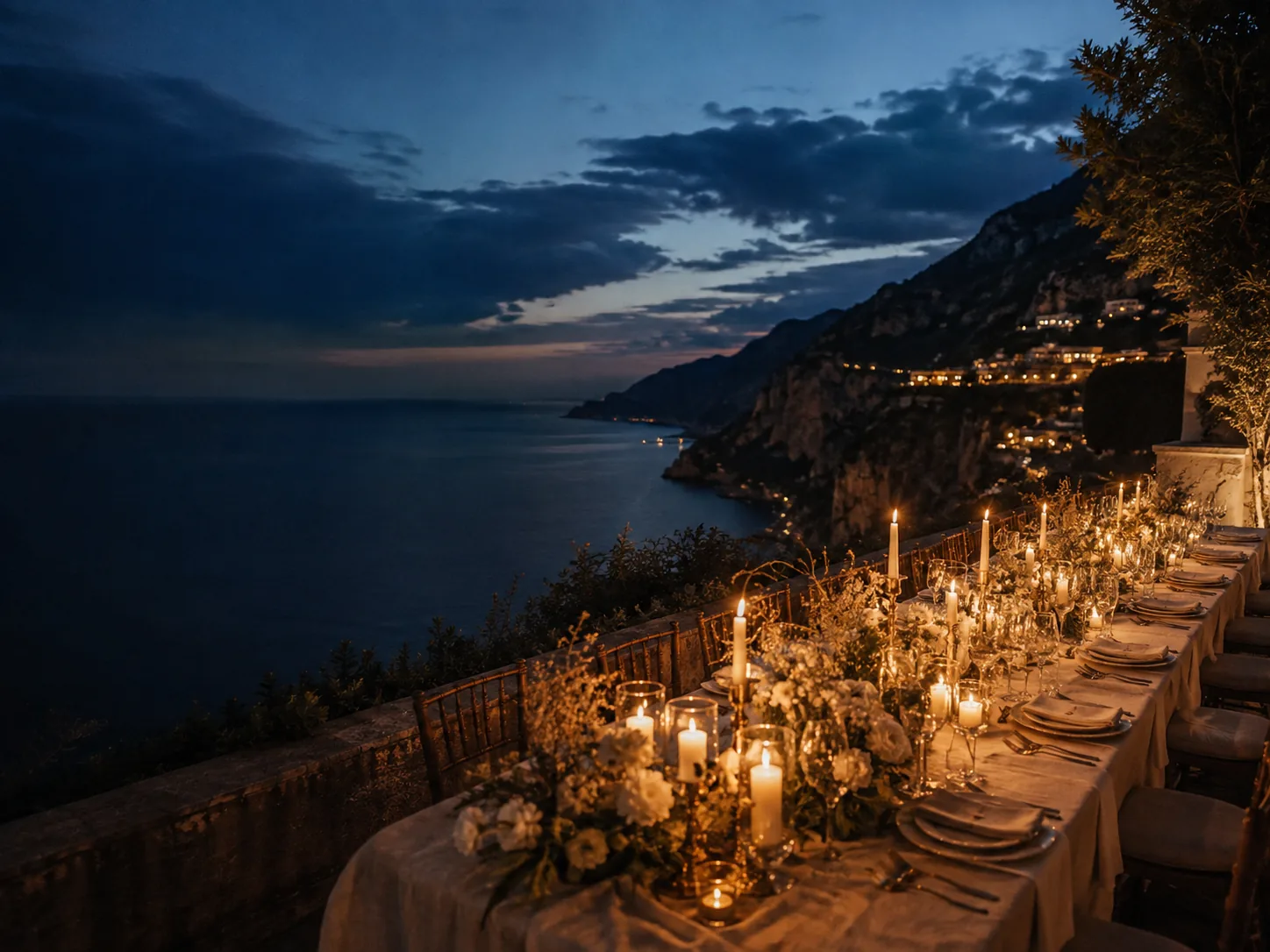A candlelit dinner table overlooking the coast at blue hour